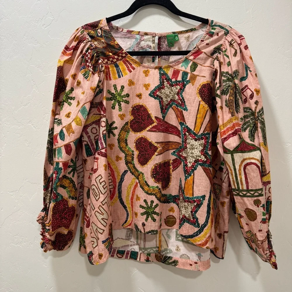 EUC FARM Rio Women's Size G (Med/Large) Printed Blouse Multi Color Puff Sleeves